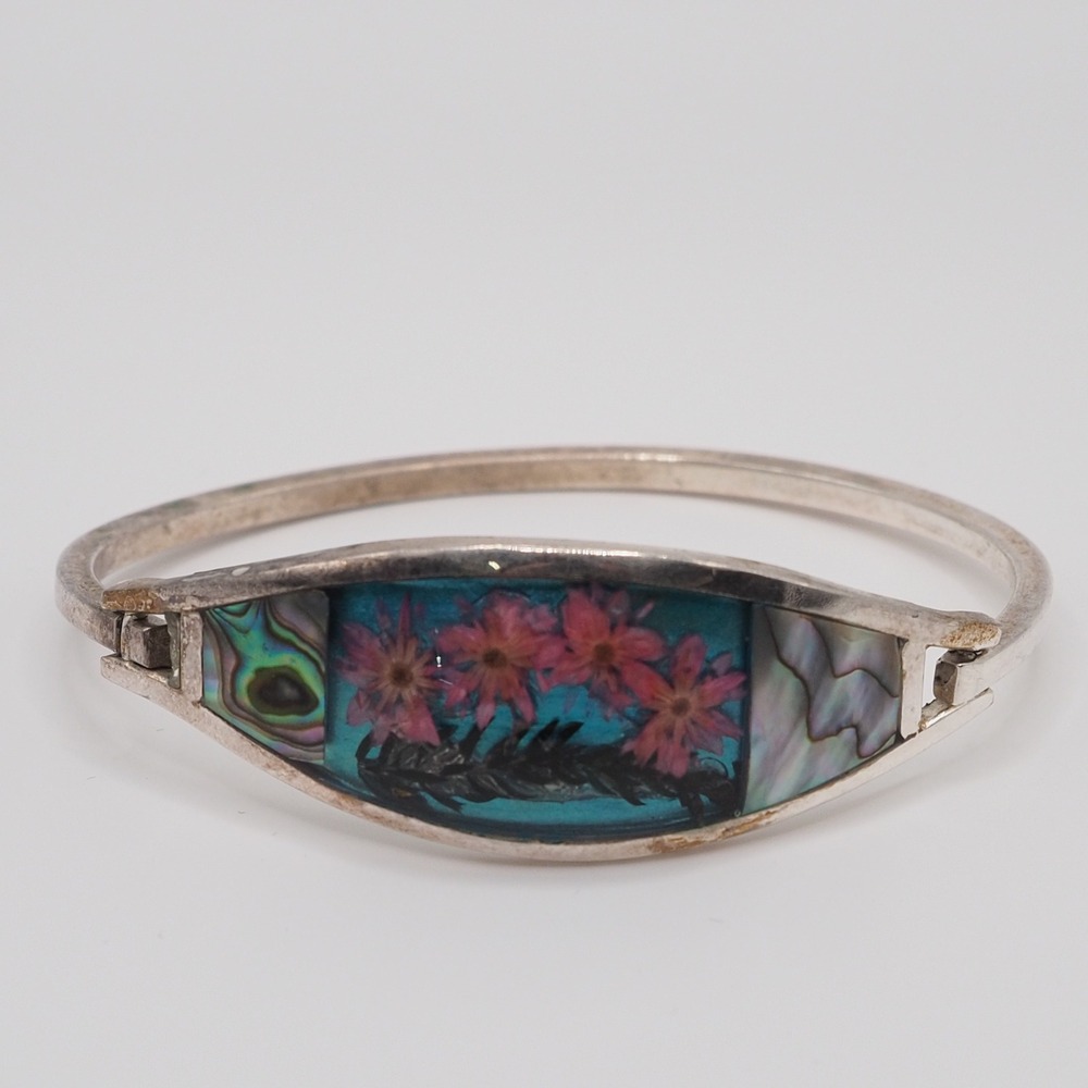 Vintage Bangle Bracelet Silver Tone Abalone Inlay Pressed Flower Alpaca Mexico